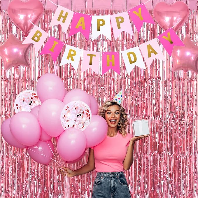 Pink Gold Birthday Party Decorations, Happy Birthday Banner, Heart Star Foil - Image 5