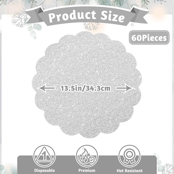 60 Pcs Silver Glitter Paper Placemats, 13.5 Inch Scalloped Table Mats | - Image 2