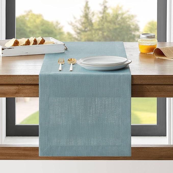 ZeeMart Linen Textured Border Table Runner, 14 x 90 Inch Blue, Farmhouse Style Dusty Blue Table Runners 90 Inches Long, Easy Care Everyday Polyester Table Runner