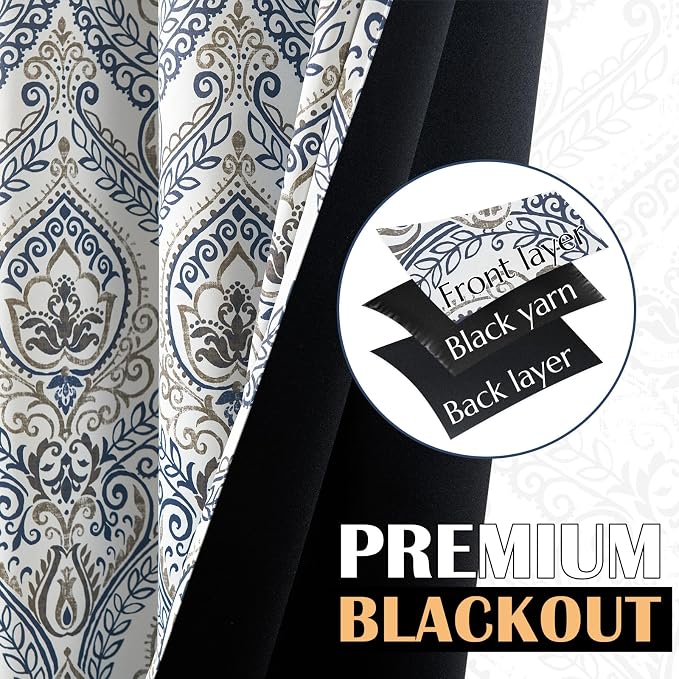 jinchan Blue Blackout Curtains 90 Inch Damask Vintage Grommet 2 Panels | Room - Image 3