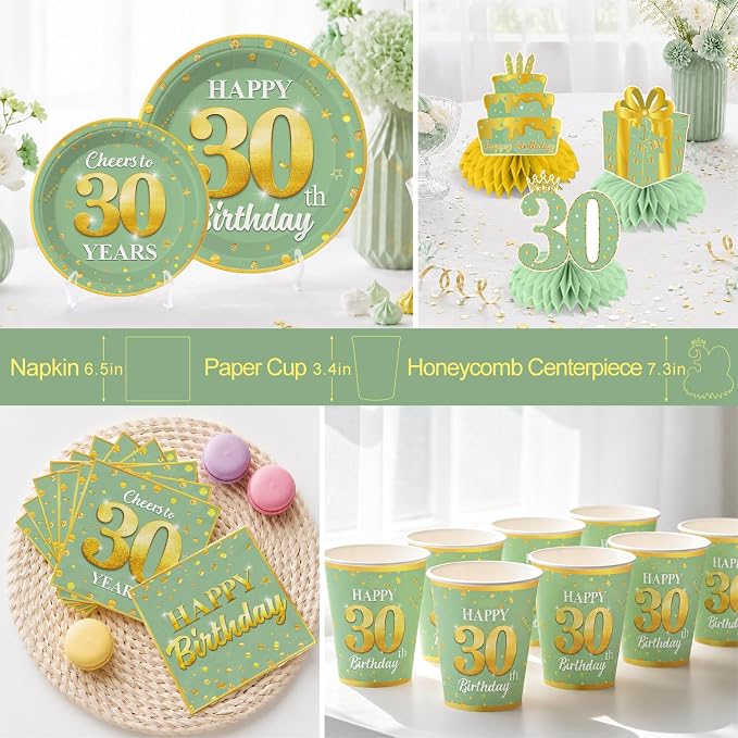 216pcs Yingoto Green Gold 30 Birthday Decorations Tableware Set, 25 Serves | No - Image 5