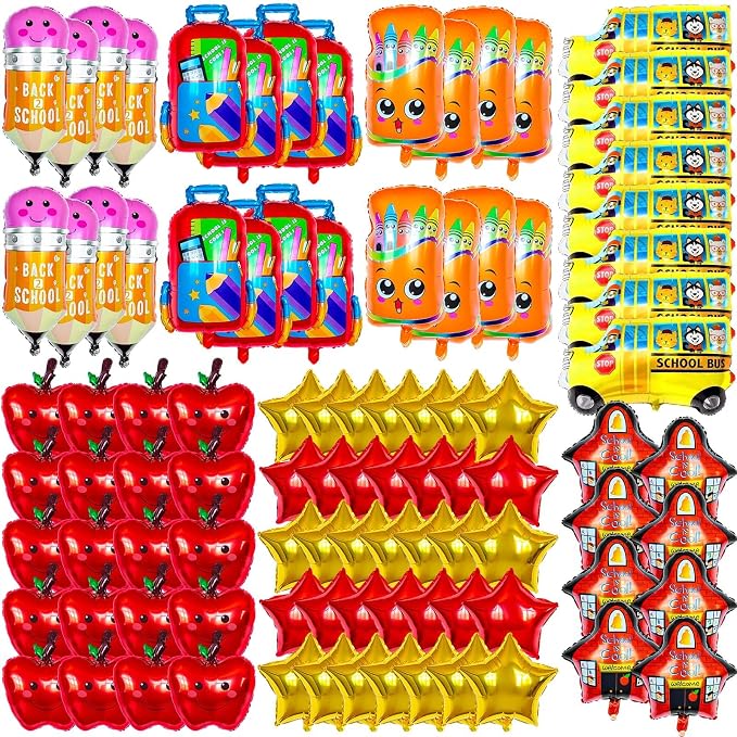80 Pcs Back to School Balloons, Colorful Bus School Pencil Apple Crayon Foil by ZHWKMYP