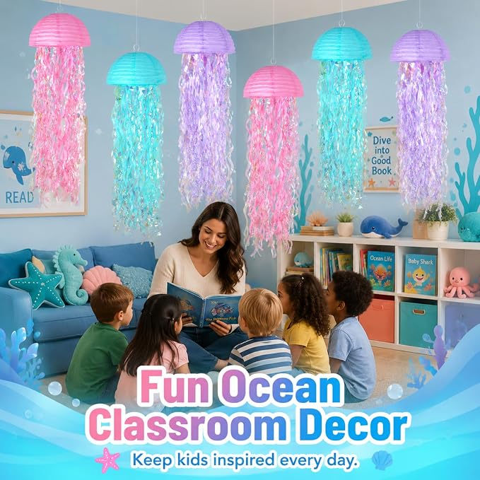 6-Pack Jellyfish Paper Lanterns, Mermaid Birthday Party Decorations | 10-Inch - Image 6