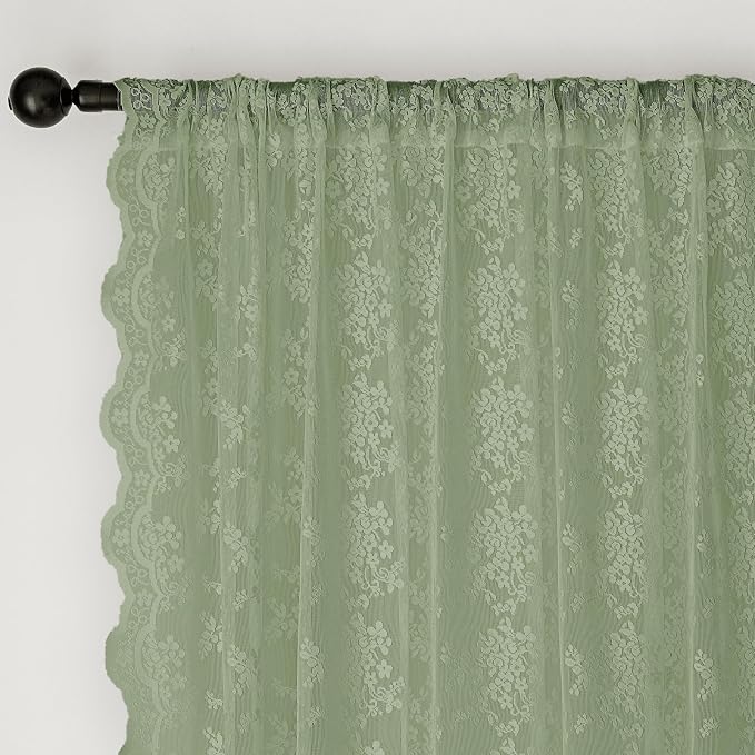 Anmao Vintage Sage Green Lace Curtains 72 Inches Long 2 Panels Sets, Romantic - Image 6