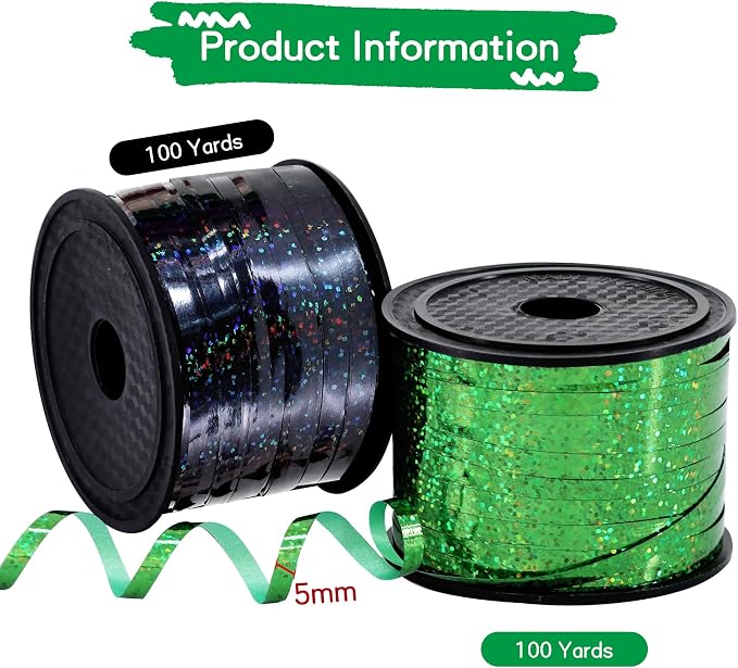 BEISHIDA 2 Pack 100 Yards Green Black Curling Crimped Glitter Ribbon Balloon - Image 2