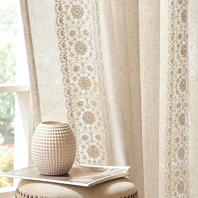 jinchan Floral Linen Curtains Embroidered Back Tab 50x90in 2 Panels Ivory | by JINCHAN