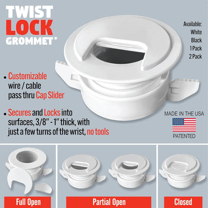 (2-Pack White) Cable, Wire & Cord Management - Self Locking Grommet with Cover for Walls, Ceilings, Desks, Used for All Surfaces 3/8” to 1” Thick, Made in USA