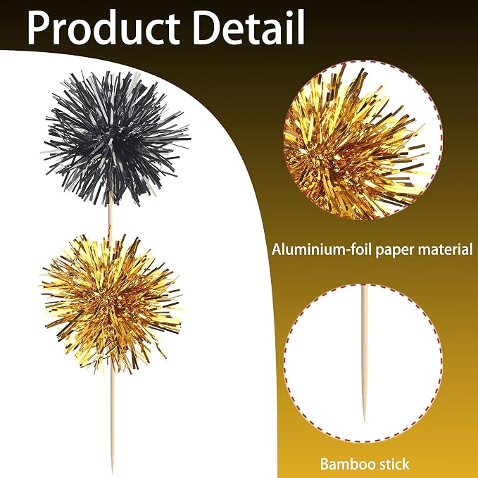 40 PCS Foil Firework Cupcake Toppers Sparkle Tinsel Cupcake Picks Fireworks - Image 3