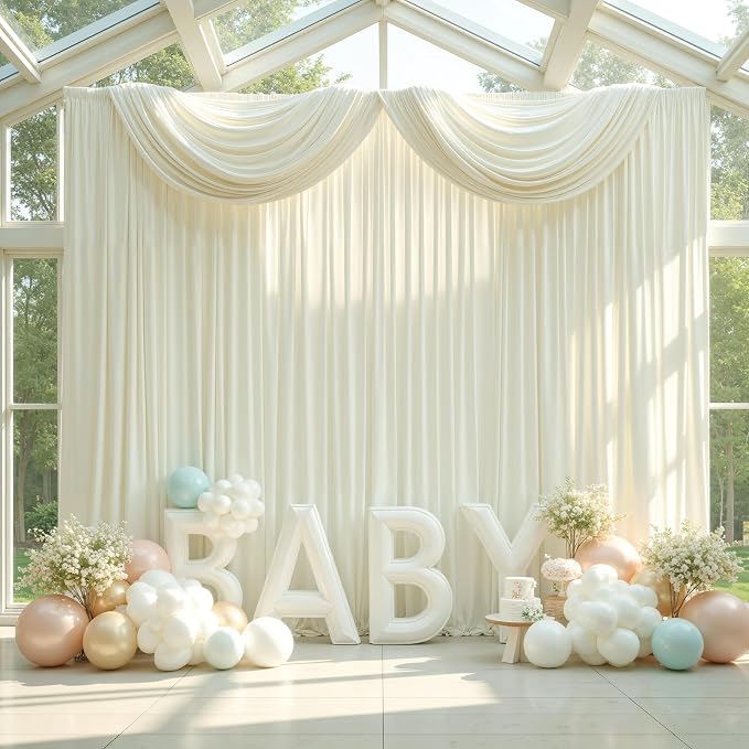 60ft x 12ft Wrinkle Free Ivory Backdrop Curtains - Image 3