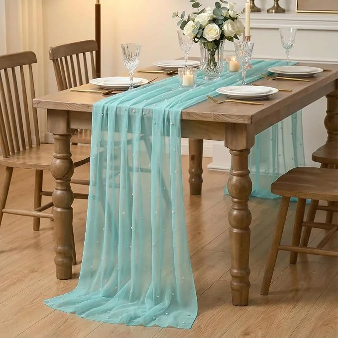 Artoid Mode Pearl Turquoise Gauze Table Runner 120 Inch 10FT, Seasonal Sheer - Image 6