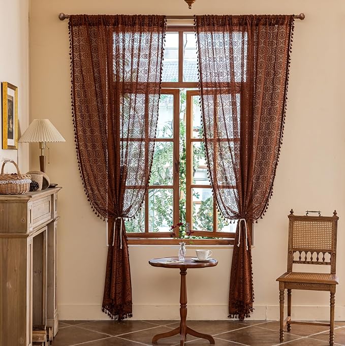 YJ YANJUN Boho Lace Curtains, 59x96 inch, Camrel Brown Sheer Window Panels | by YJYANJUN