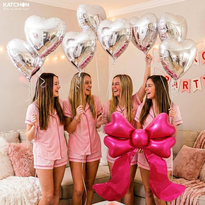 KatchOn Silver Heart with Bow Foil Balloons Decoration Set – Pack of 9 | Pink - Image 3