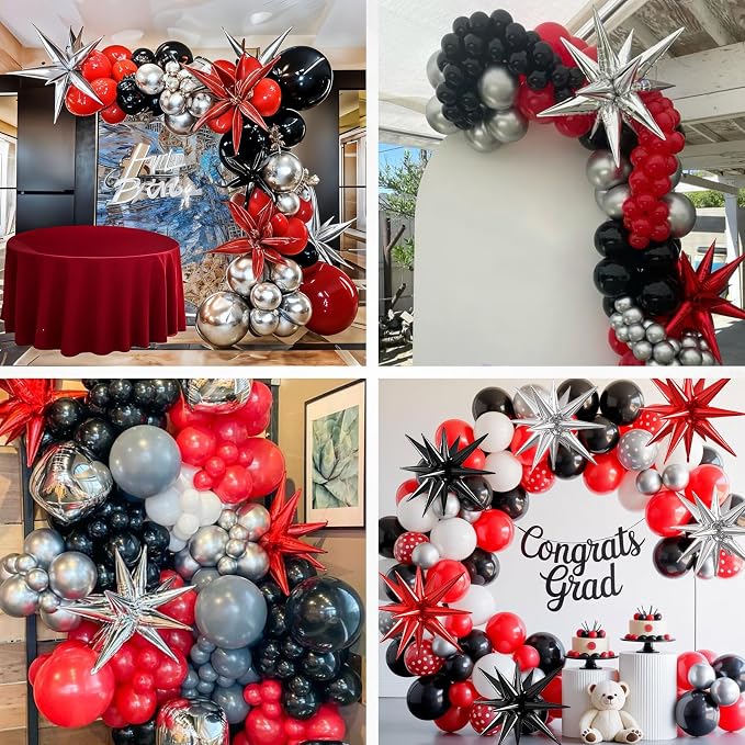 Silver Red Black Star Balloons, 22/27 Inch Silver Black Red Star Foil Balloons - Image 7