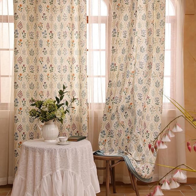 Designer Vintage Linen Printed Curtain, 2 Panels, Colorful Floral Pattern Decor - Image 2