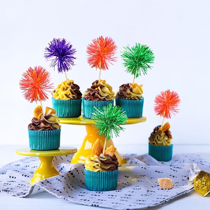 Gyufise 30Pcs Foil Firework Cupcake Toppers Sparkle Tinsel Cake Toppers Tinsel - Image 4