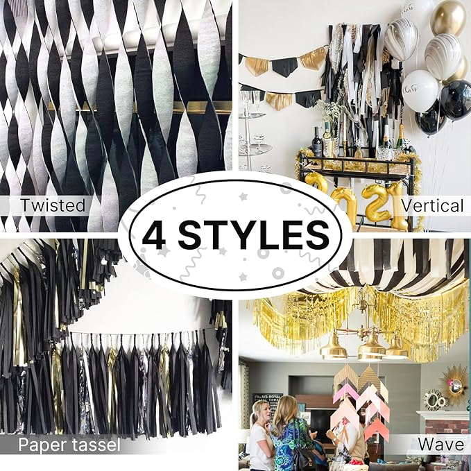 PartyWoo Black Gold Silver Crepe Paper Streamers 4 Rolls 328 ft Pack of Black Metallic Silver Gold Crepe Paper for Graduation New Year Birthday Party Decorations (1.8 Inch x 82 Ft/Roll)