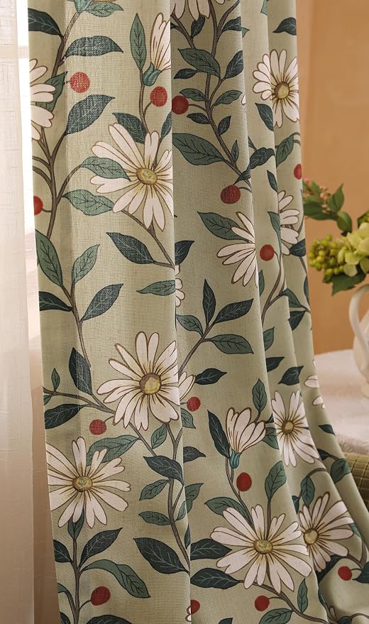 Designer French Green Linen Printed Curtain, 2 Panels, Floral Pattern Home - Image 8