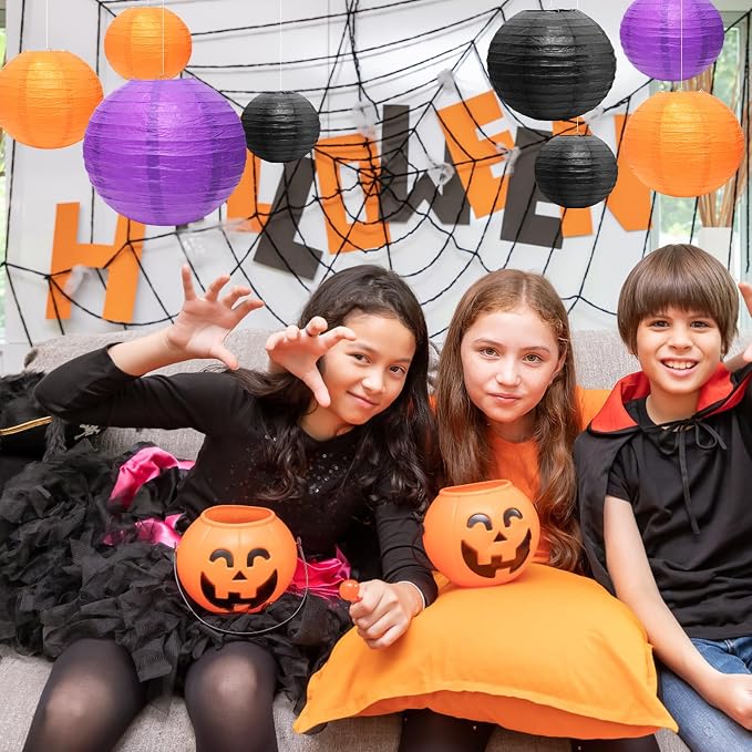 21Pcs Halloween Paper Lanterns, 4-10in Orange Black Purple, Hanging Decor | - Image 6