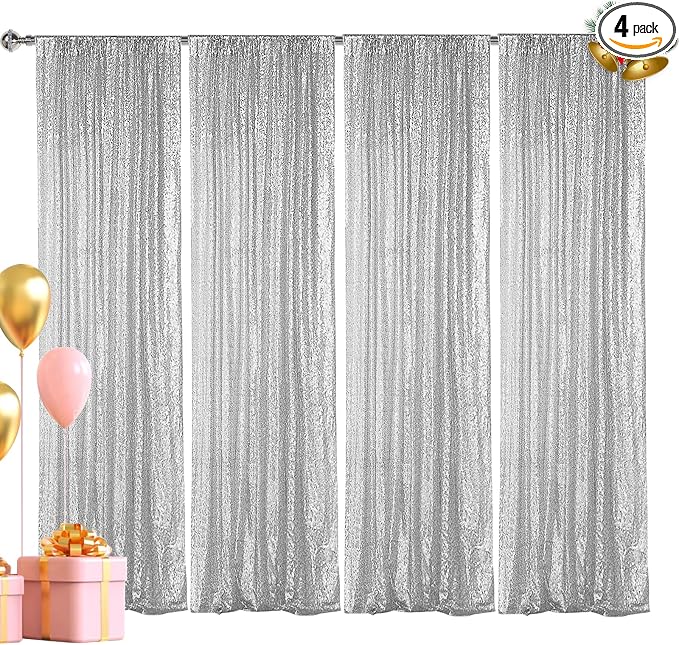 Hahuho Silver Sequin Backdrop Curtain, Party Decoration（4 Panels, 2FT x 8FT by Hahuho