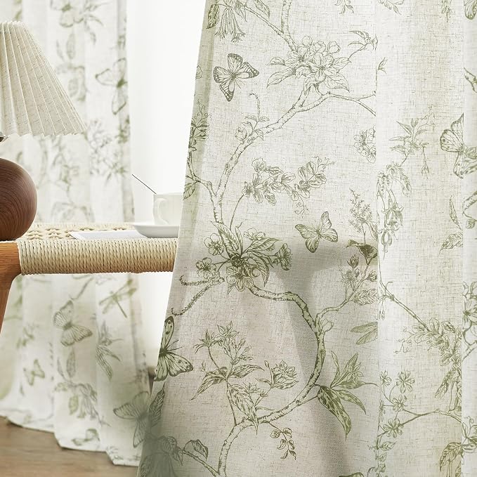 Green Floral Linen Curtains Farmhouse Rod Pocket 50W X 90L 2 Panels | Charlotte - Image 6