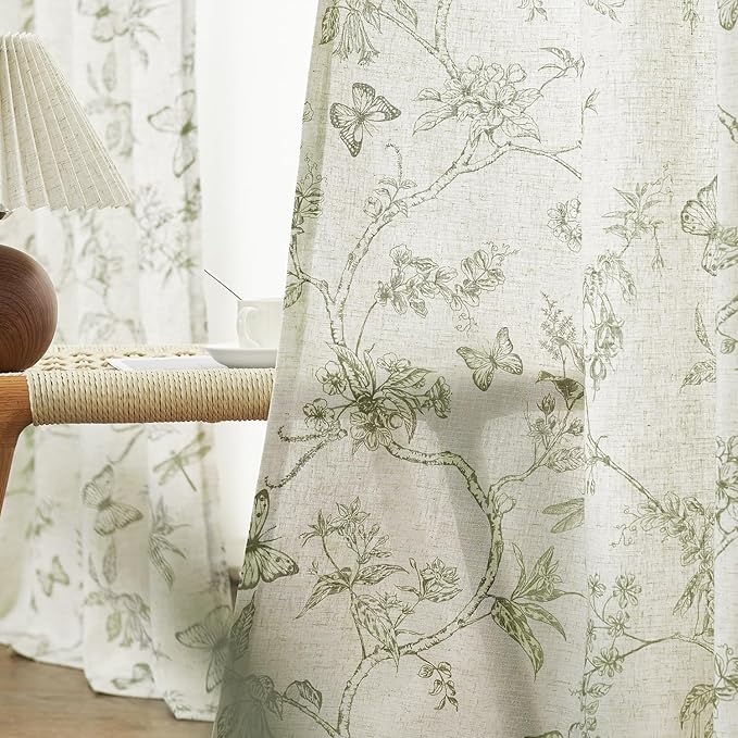 Green Floral Linen Curtains Farmhouse Rod Pocket 50W X 84L 2 Panels | Charlotte - Image 4