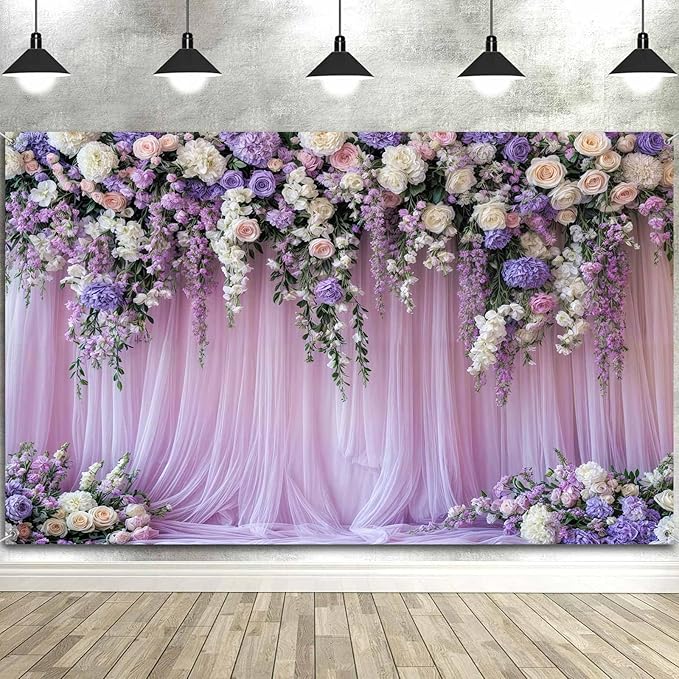 10x10ft Purple Lavender Floral Bridal Backdrop Wedding Flower Photography Backdrop for Girl Portrait Baby Shower Birthday Party Decor Banner Mother's Day Party Wall Backdrop Studio Photo Backgrounds