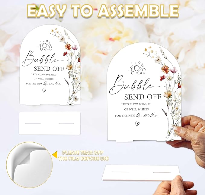 Boho Floral Bubble Send Off Sign, 6 x 8 Inch White Arch Acrylic Wedding Sign with Holder, Wedding Sign for Ceremony and Reception, Wedding Decoration, Wedding Supplies - BX14