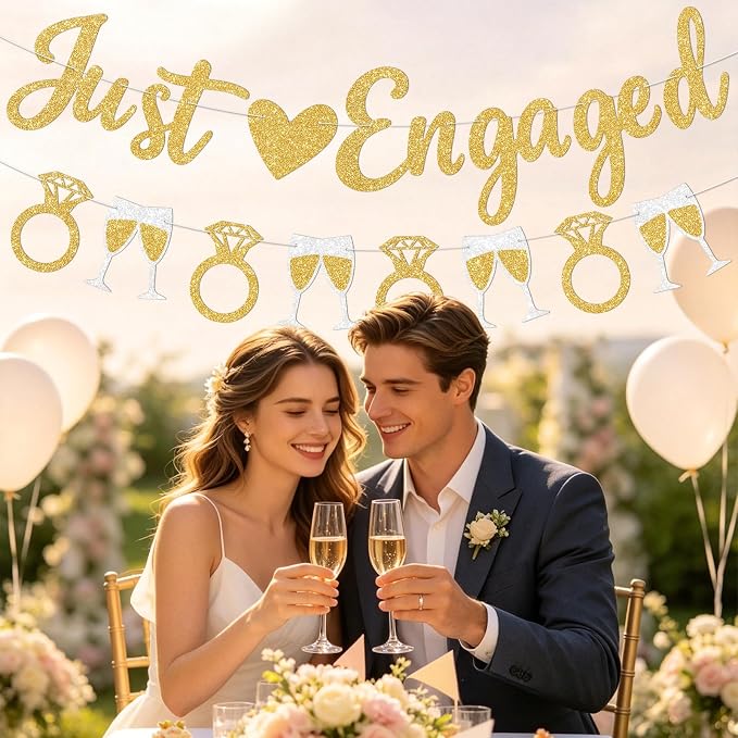 Gold Just Engaged Banner Prestrung Engagement Party Decorations Happy - Image 6