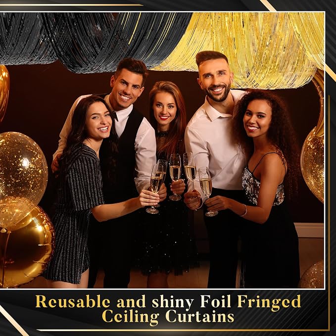 4 Pcs 15ft Gold Black Metallic Foil Ceiling Fringe Curtains, Party Decor Fringe - Image 4