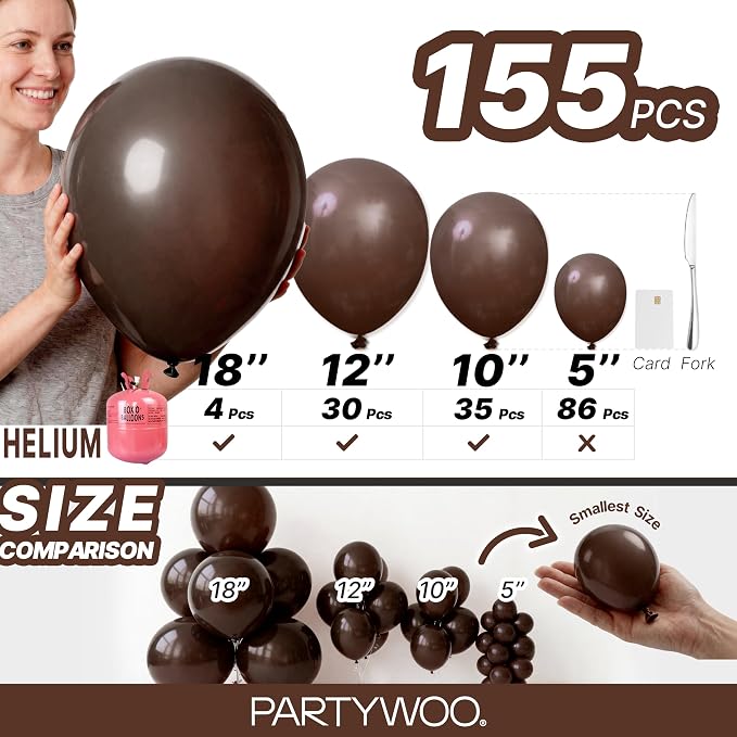 PartyWoo Dark Brown Balloons 155pcs Boho Coffee Neutral Color | 18 12 10 5 Inch - Image 6