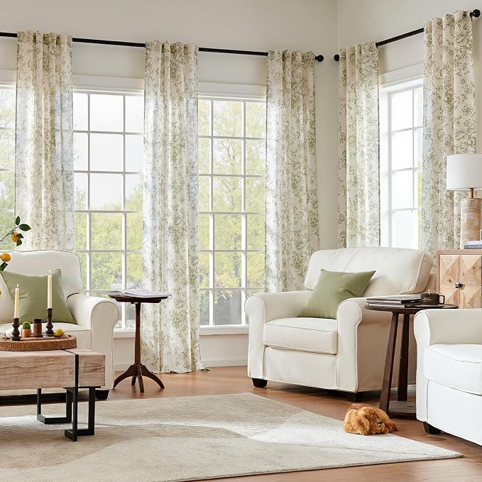 jinchan Green Floral Linen Curtains 96 Inch Farmhouse Back Tab 2 Panels | Light - Image 2