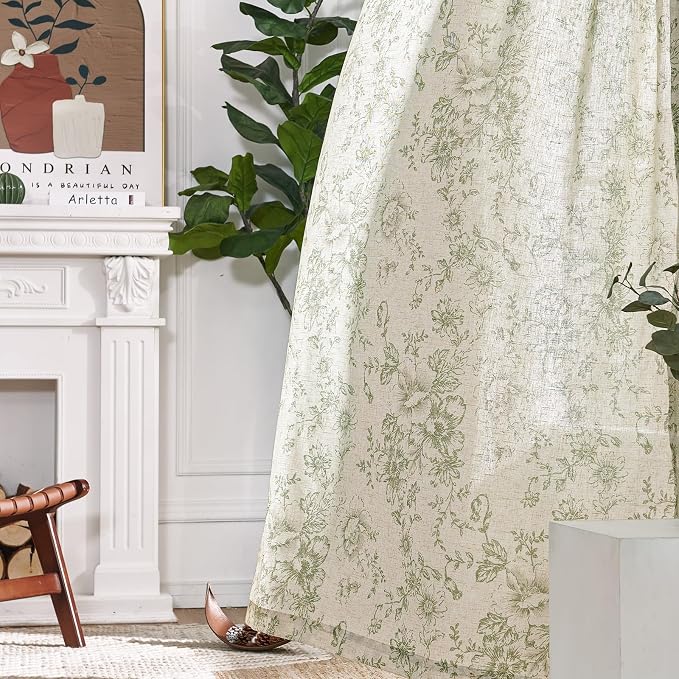 jinchan Green Floral Linen Curtains 84 Inch Farmhouse Back Tab 2 Panels | Light - Image 6