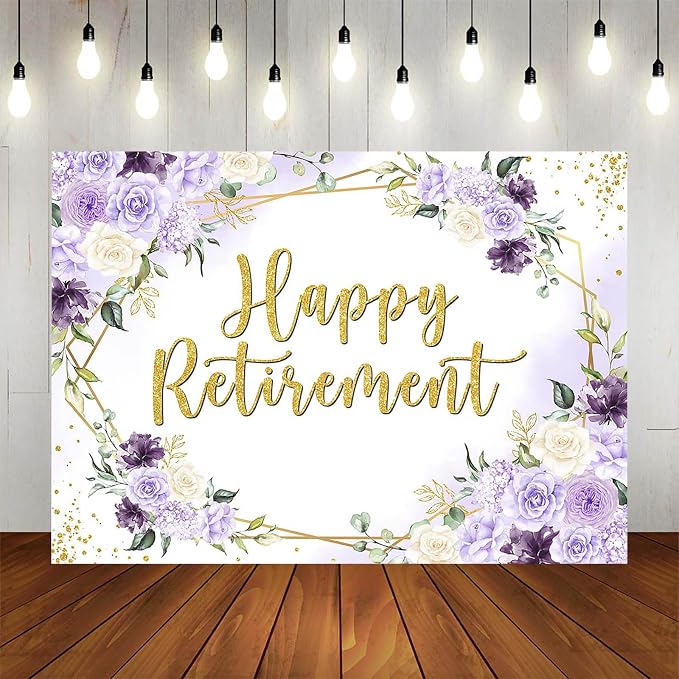 Happy Retirement Backdrop 7x5ft Purple and White Flowers Retirement Party - Image 5