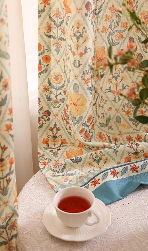 Designer French Linen Printed Curtains, 2 Panels, Floral Pattern Draps - Image 8