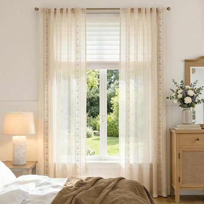 jinchan Floral Sheer Linen Curtains, Back Tab 50x84 Inch, 2 Panels Ivory | Semi - Image 3