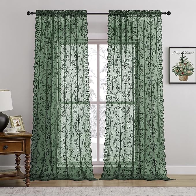 Dark Green Lace Curtains 96 Inches Long 2 Panels by FOLKSIDEHomeDecoration