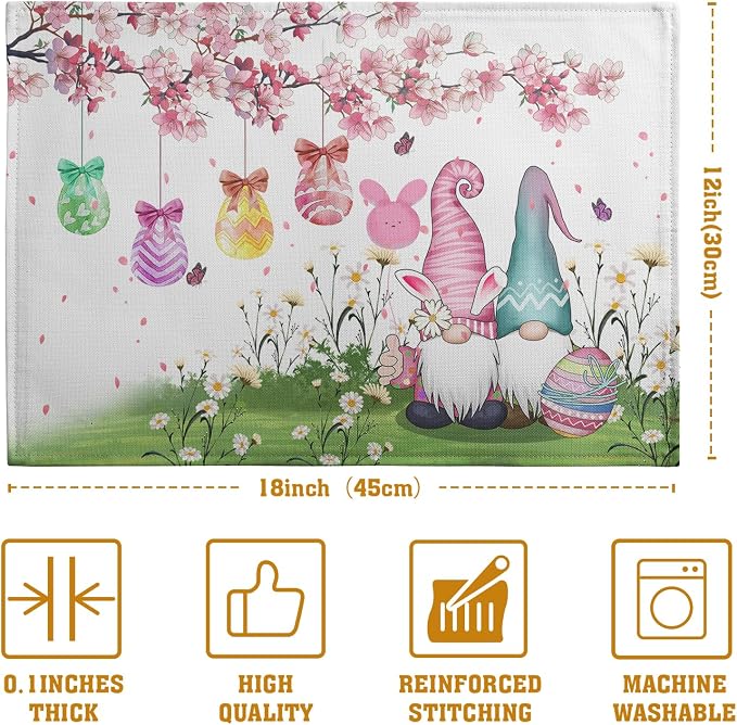 Easter Gnomes Bunny Placemats Set of 4 Easter Eggs Flowers Place Mat 12x18 Inch - Image 4