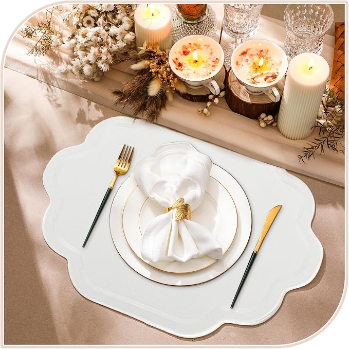 8 Pcs White Cotton Wedding Placemats Scalloped Embroidered Placemats 17" x 13" - Image 4