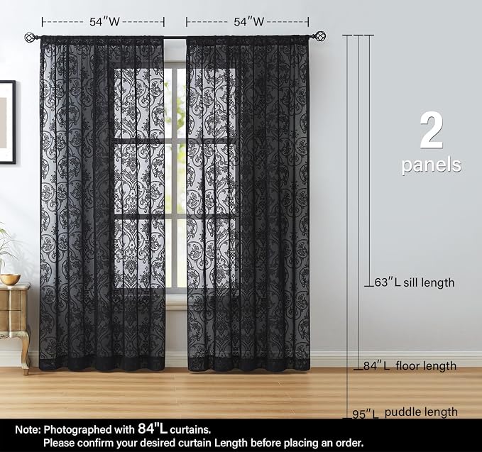 Treatmentex Damask Lace Sheer Curtains Black - Image 6