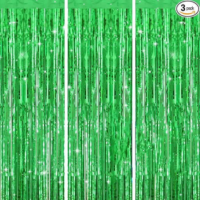 jijAcraft Metallic Green Tinsel Foil Fringe Curtain, 3 Pack 3.2x6.5 Feet Jungle by jijAcraft