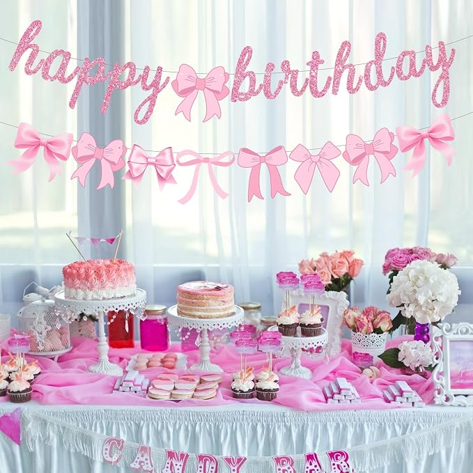 2pcs Glitter Pink Bow Party Banner Pre-Strung Happy Birthday Decorations Bow - Image 4