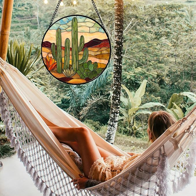 Stained Glass Window Hanging, Green Cactus Sun Catcher for Door Terrace Garden Home Decor, Abstract Desert Landscape Suncatcher Birthday Gifts for Lovers Women Men Dad Mom Nana 9.8 in