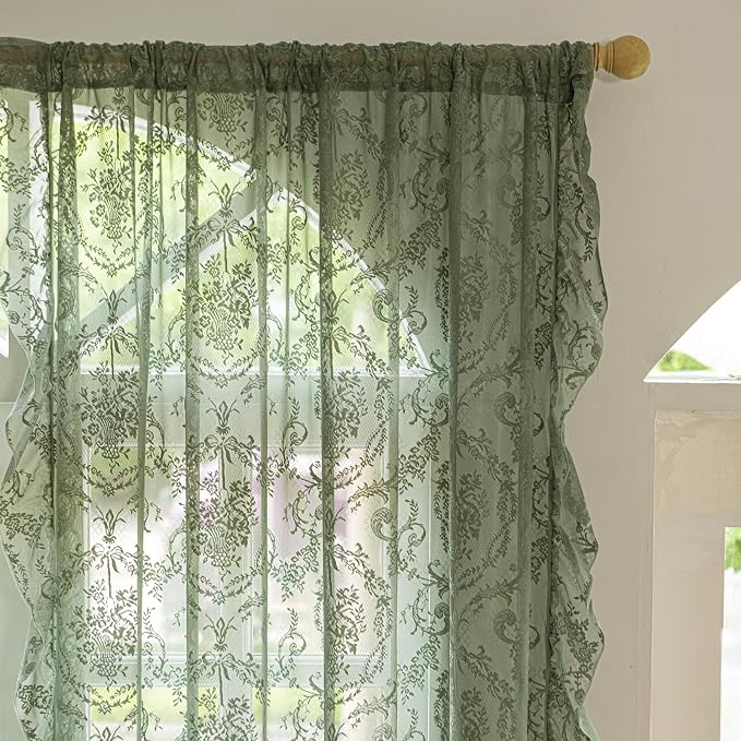 Deeprove Olive Green Boho Sheer Lace Ruffled Curtains 2 Panels Crochet 84 Inch - Image 4