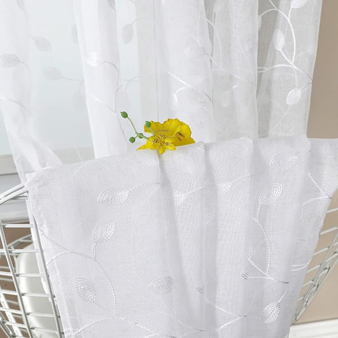 Tollpiz Leaves Short Sheer Curtain White Leaf Embroidery Bedroom Curtains Rod - Image 6
