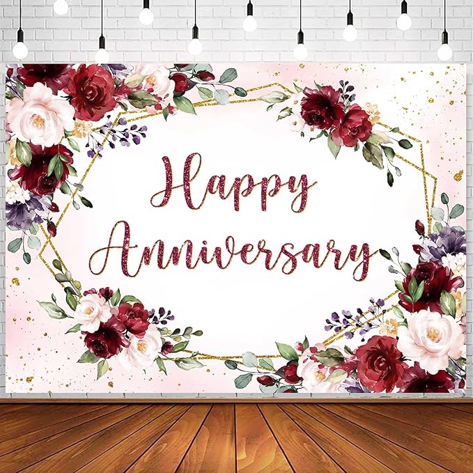Sensfun Happy Anniversary Backdrop Banner Burgundy Pink Flower Wedding - Image 5