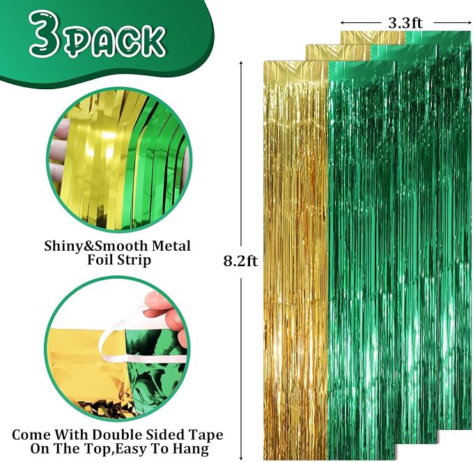 Voircoloria Green Gold Foil Fringe Backdrop Curtains, 3 Pack | Tinsel Streamers - Image 2