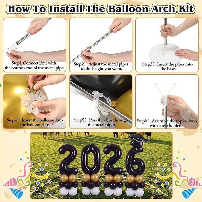 4 Sets 5 ft Graduation 2026 Balloons Column Stand Kit Jumbo Black 2026 Grad Cap - Image 2