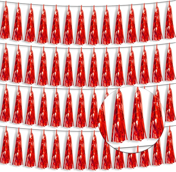 4P Red Foil Fringe Tassel Banner Garland Metallic Tinsel Streamers Wall Hanging Curtain Backdrop Banner for Parade Floats, 2024 Graduation Decorations, Wedding Party Decoration