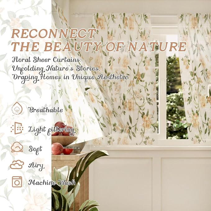 Sheer Curtains 54 Inch Length 2 Panels, Floral Patterned Linen Look Semi-Sheer - Image 2