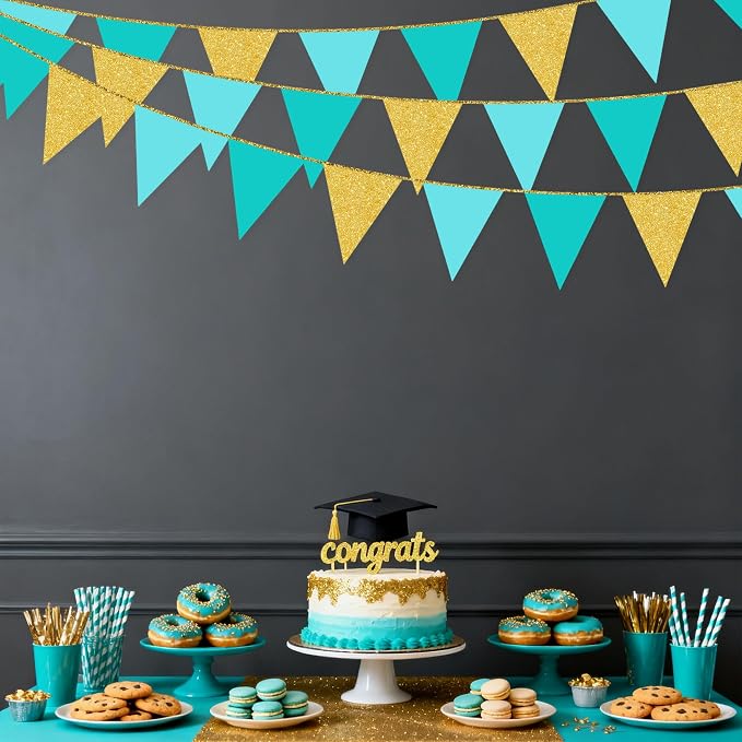 Teal Aqua Blue and Gold Party Decorations Pennant Banner Flag Hanging Glitter - Image 7